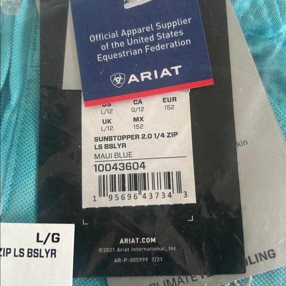 NWT-Ariat Kids Equestrian Blue Sunstopper 2.0 with SPF Protection- 10043604-L/12 - Picture 4 of 6